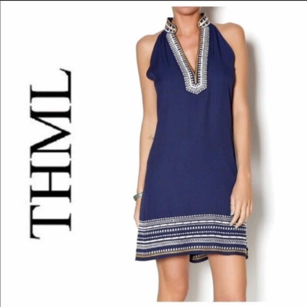 THML dress navy blue white gold embroidery